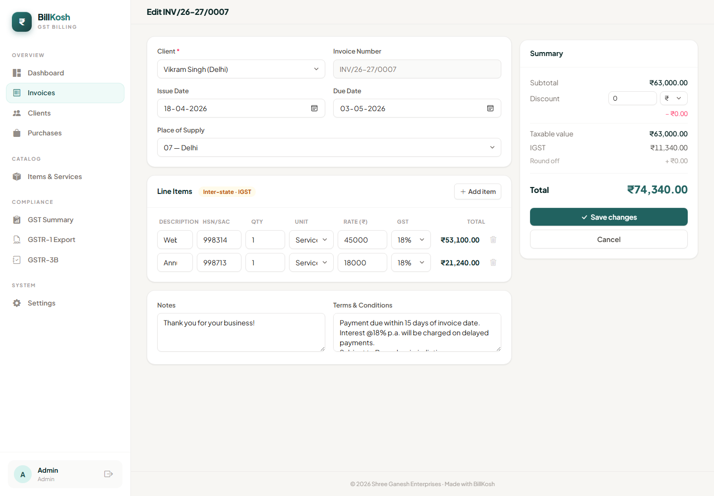 Invoice editor with automatic CGST/SGST calculation