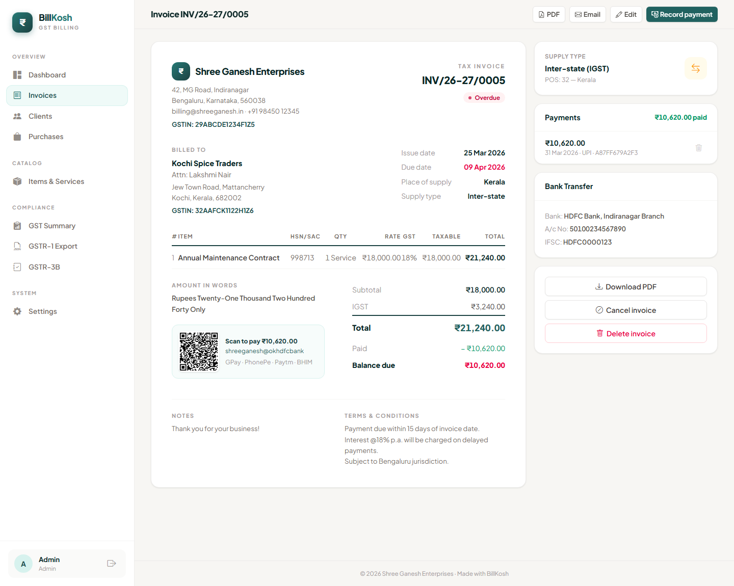 Invoice with UPI QR code for instant payment
